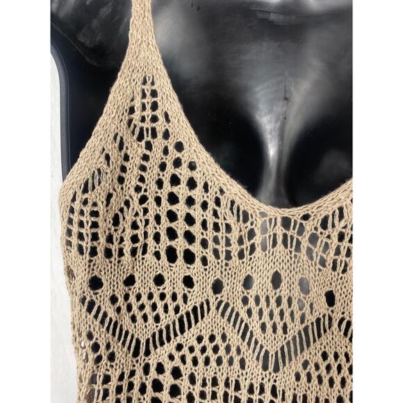 New Medium Khaki Tan Beige Knit Crochet Swimsuit Cover Up Mini Dress Slit Beach - Picture 7 of 7